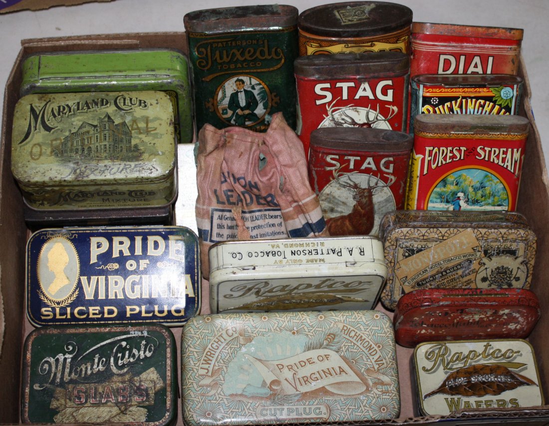 19 pocket tobacco tins incluing Dial D, Buckingham,: 19 pocket tobacco tins incluing Dial D, Buckingham, Tuxedo, Bohemian, Pride of Virgina, Raptco, Monopole, Monte Cristo
