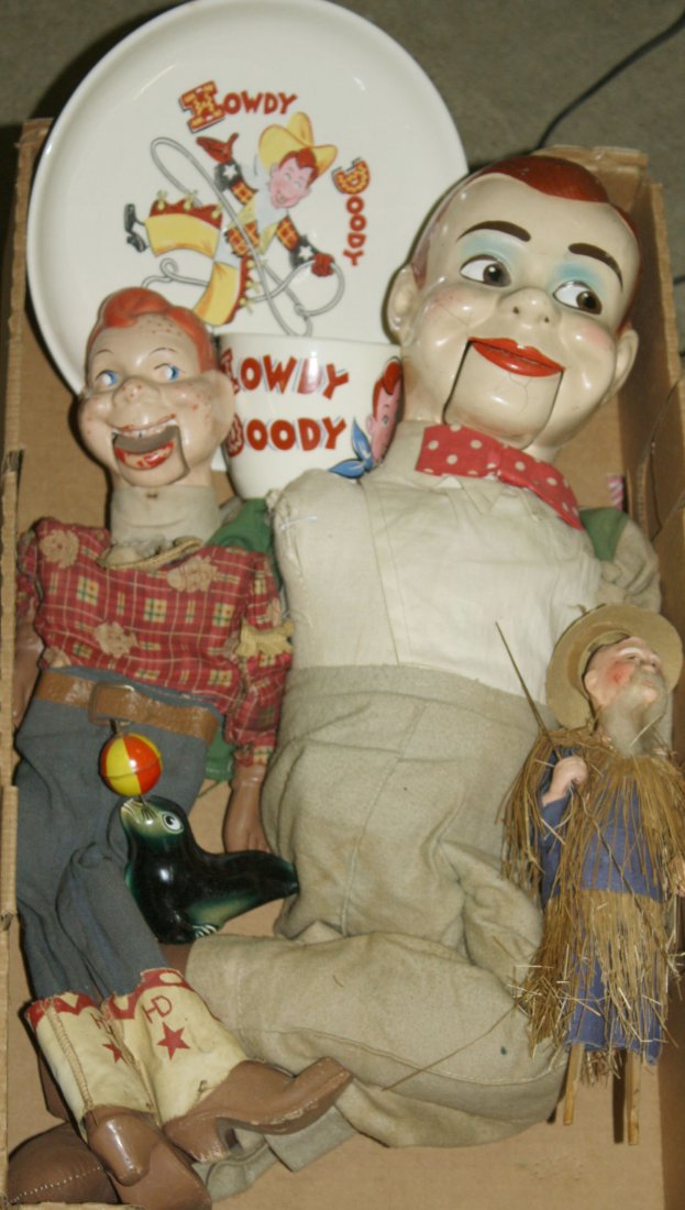 Charlie McCarthy ventriloquist dummy, 1950's Howdy: Charlie McCarthy ventriloquist dummy, 1950's Howdy Doody puppet, plate, & cup, Chinaman comp doll, Lehmann seal friction toy