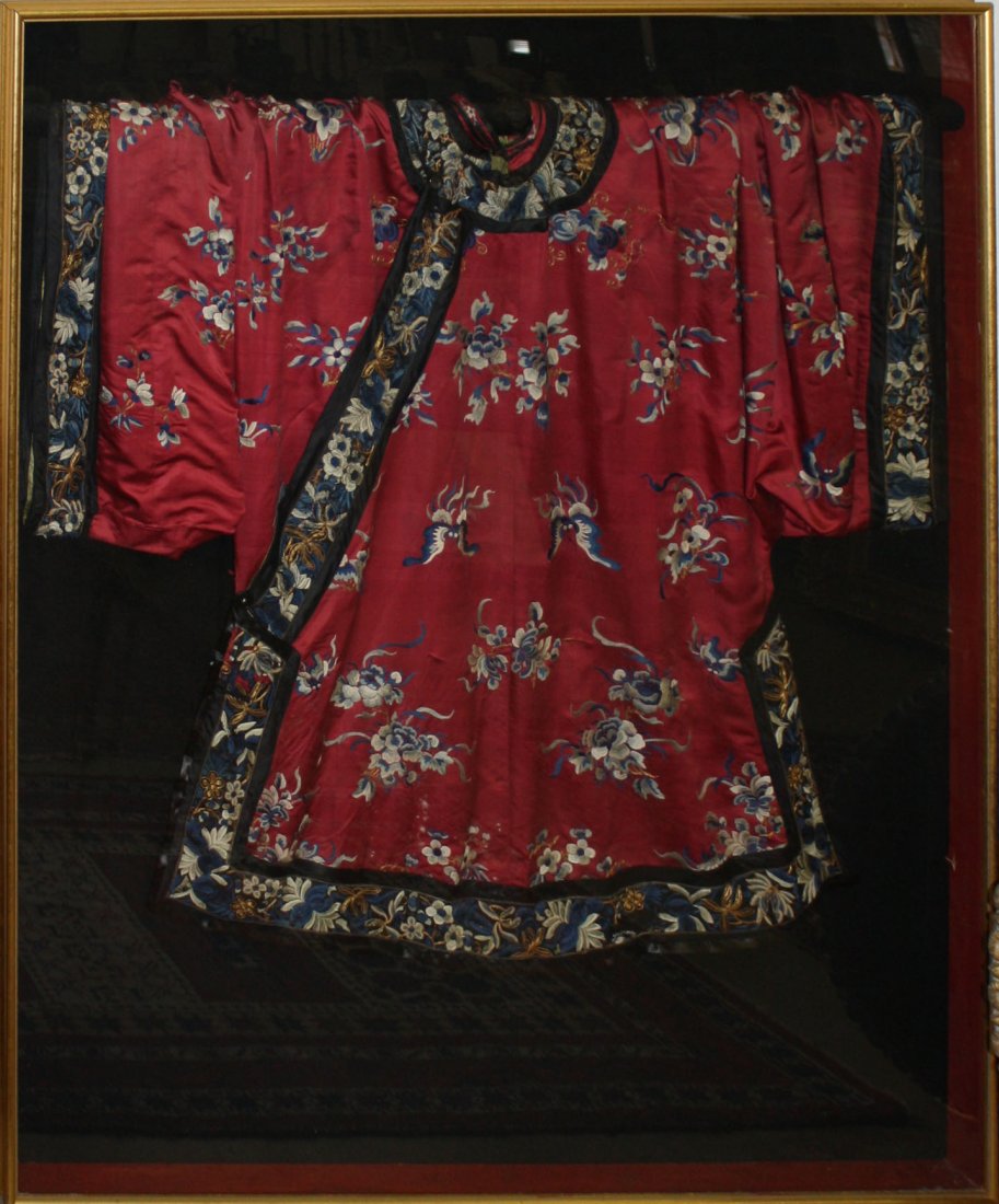 Chinese silk embroidered robe in shadow box frame- robe: Chinese silk embroidered robe in shadow box frame- robe is 40” x 44”, overall 56” x 50”