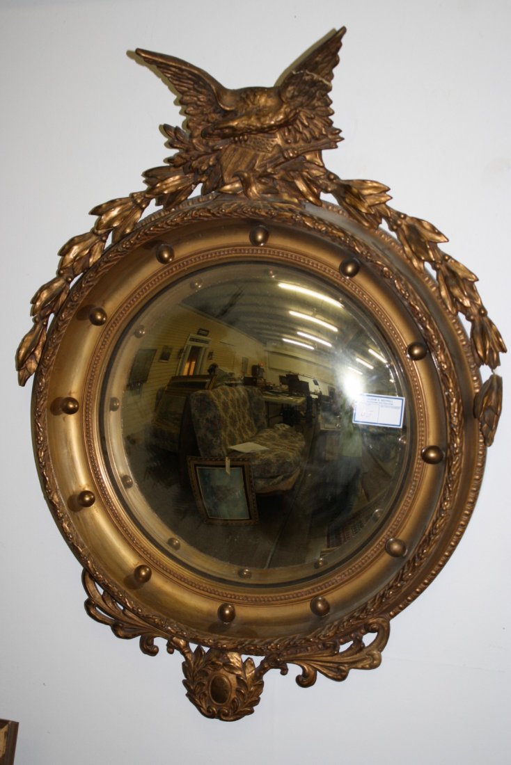 Constitutional mirror, eagle wreath crest, original: Constitutional mirror, eagle wreath crest, original gilt. Late 19th c. 36"h.