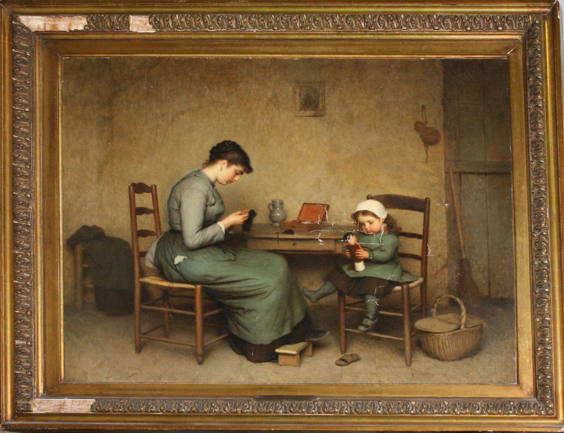 Charles Moreau (French 1830-1891) Interior scene with: Charles Moreau (French 1830-1891) Interior scene with mother and young girl o/c relined with old repairs 23 x 28"