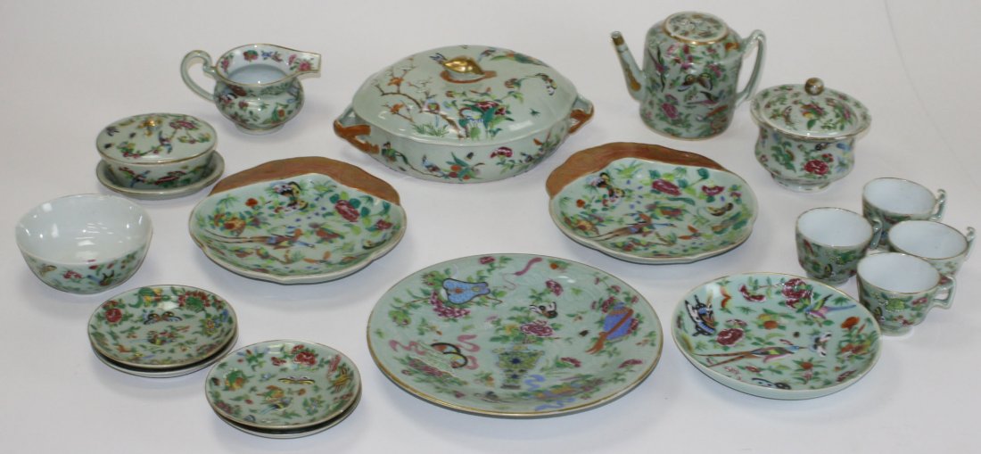 Chinese famille rose enamel decorated celadon: Chinese famille rose enamel decorated celadon dinnerware- 36 pcs, an assembled set