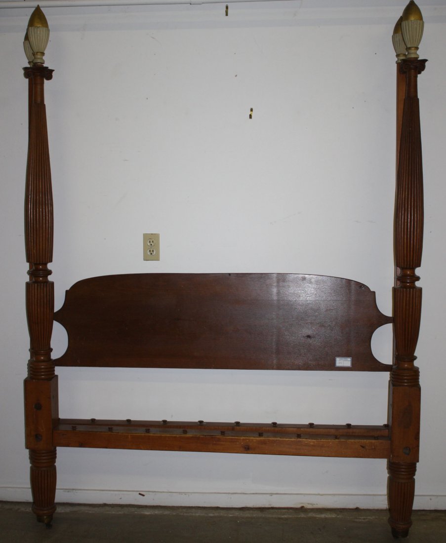 Large 19th c Sheraton reeded tall post Queen size bed,: Large 19th c Sheraton reeded tall post Queen size bed, carved and painted finials. 61½"w x 83½"h.