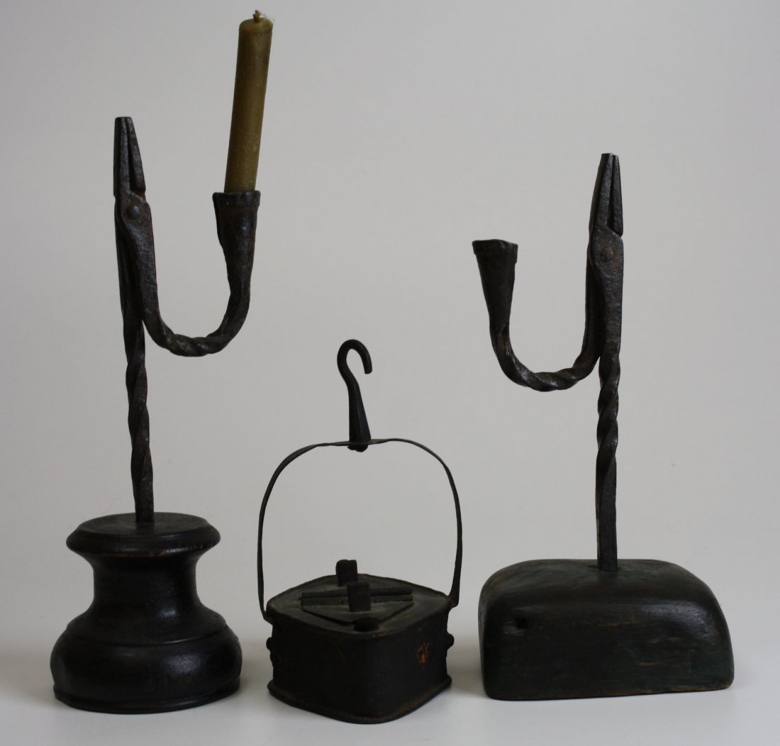 early lighting- 2 rush lamp/ candleholders, iron double: early lighting- 2 rush lamp/ candleholders, iron double betty lamp- ht 12”, 11”, 7”