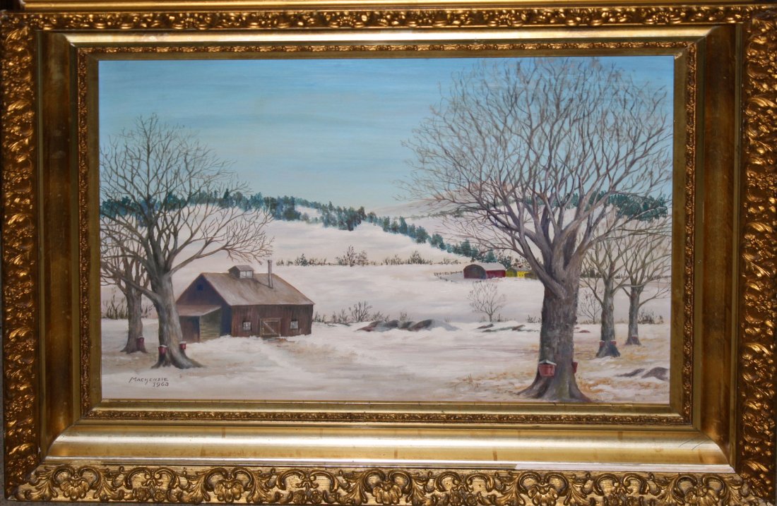 Vermont Sugaring scene signed Mackenzie 1963 o/b 16 x: Vermont Sugaring scene signed Mackenzie 1963 o/b 16 x 20"