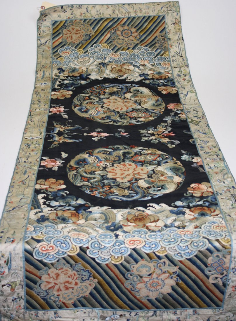 Chinese embroidery on silk table runner, 1'10” x 5': Chinese embroidery on silk table runner, 1'10” x 5'
