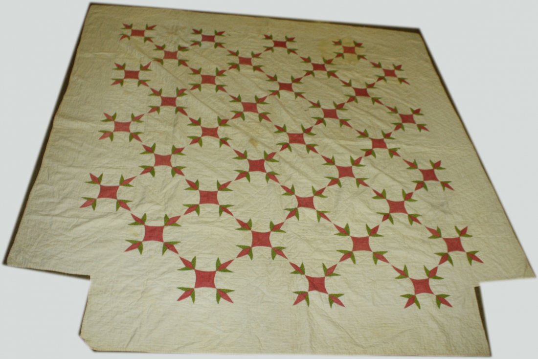 19th c pieced quilt signed w/ old tag Susie Kimball-: 19th c pieced quilt signed w/ old tag Susie Kimball- shaped for a 4 post bed - 7' x 6'4”- stains, worn areas
