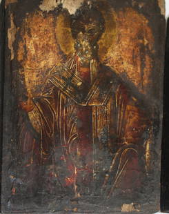 18th c Greek icons painted on gessoed wooden panels-: 18th c Greek icons painted on gessoed wooden panels- Virgin Mary 12” x 9”, John the Baptist 13” x 11”, bishop/ saint 12” x 10” three pcs