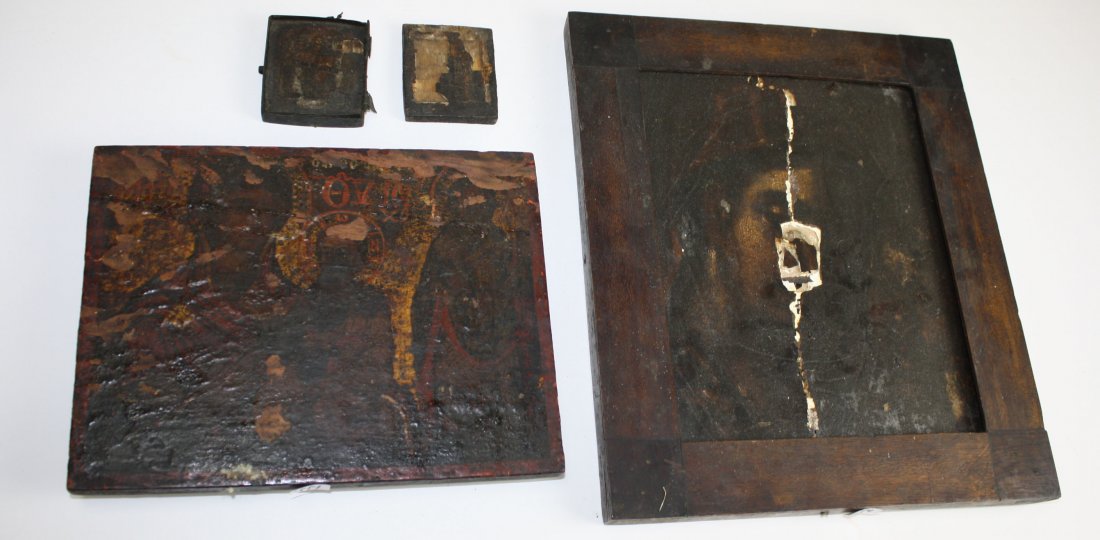 18th- early 19th c Greek icons painted on gessoed: 18th- early 19th c Greek icons painted on gessoed wooden panels, Virgin Mary, Christ , & John the Baptist 8” x 10.5”, religeous figure 9” x 11”, folding case icon each side 3' x 2.5”, all wi