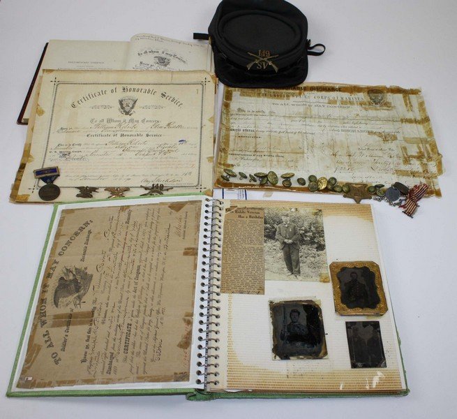 Civil War US Marine Corp & 4th PA Regt. honorable: Civil War US Marine Corp & 4th PA Regt. honorable discharges, tintype & ambrotype photos, service medal & buttons, GAR kepi, & scrapbook from William Roberts of Glen Riddle, PA