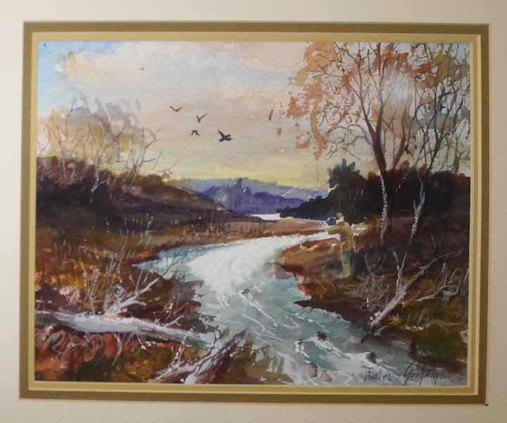 Walter Graham (American 1903-2000) watercolor "Lucky: Walter Graham (American 1903-2000) watercolor "Lucky Hunter" autumn landscape w/duck hunter, and accompanying Walter Graham 1994 exhibition poster 10" x 14"