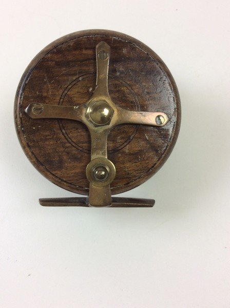 19th c bronze mounted vintage mahogany fly reel.: 19th c bronze mounted vintage mahogany fly reel.