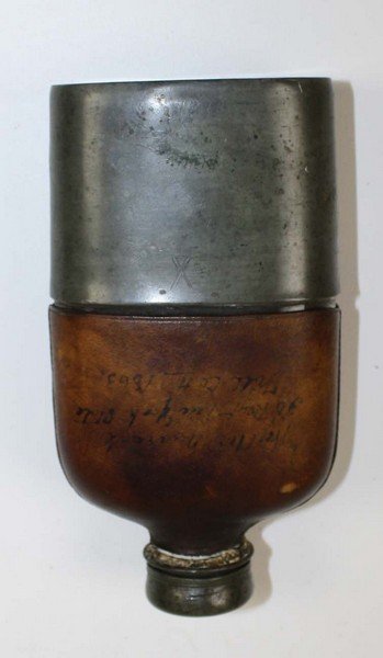 CW NY Regt pewter & glass flask w/inscription on: CW NY Regt pewter & glass flask w/inscription on leather- Walter Marrick 30 Regt NYS Drill Co H 1863- ht 5.25”