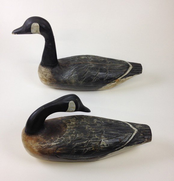 Two Canadian geese decoys carved feathers. Original: Two Canadian geese decoys carved feathers. Original paint. Signed Hank Walker Newbury, Mass.