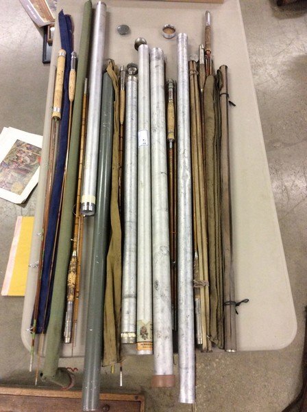 Various vintage bamboo fly rods, 6 tubes, bags.: Various vintage bamboo fly rods, 6 tubes, bags.