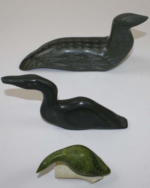 3 Inuit/ Canadian Eskimo soapstone carvings of loons-: 3 Inuit/ Canadian Eskimo soapstone carvings of loons- length 12”, 9”, 5”, mid sized is damaged