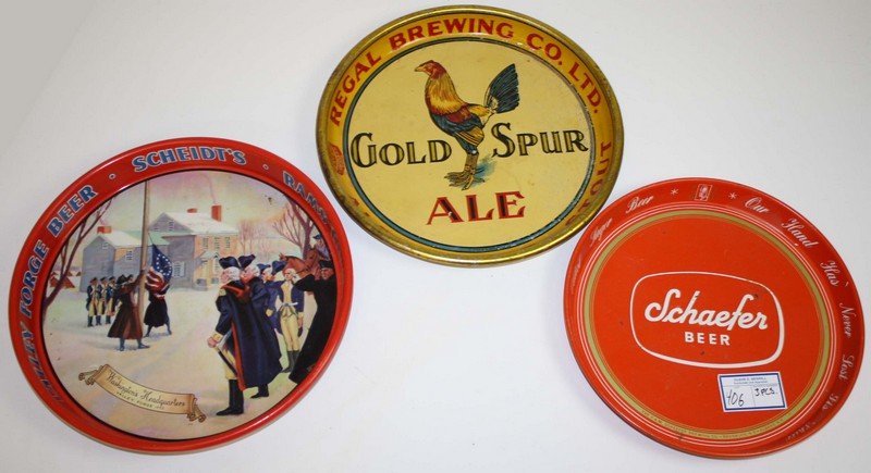 Three beer trays- Gold Spur Ale Regal Brewing Co,: Three beer trays- Gold Spur Ale Regal Brewing Co, Schaefer Beer, Scheidt's Valley Forge Beer/Rams Head Beer