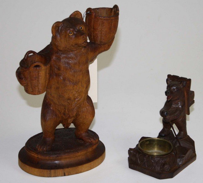 Two black forest carved bear figures- bear carrying: Two black forest carved bear figures- bear carrying baskets, bear ashtray