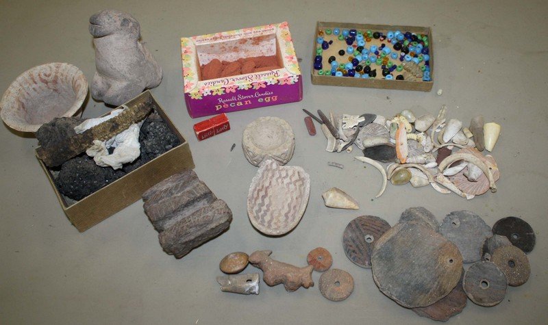 SW Indian pottery pcs, decorated shell, beads, charred: SW Indian pottery pcs, decorated shell, beads, charred corn, etc- some possibly excavated from a fire pit near Tucson, AZ