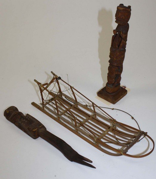 MW Coast carved clan totem, salad fork, & model sled-: MW Coast carved clan totem, salad fork, & model sled- all damaged