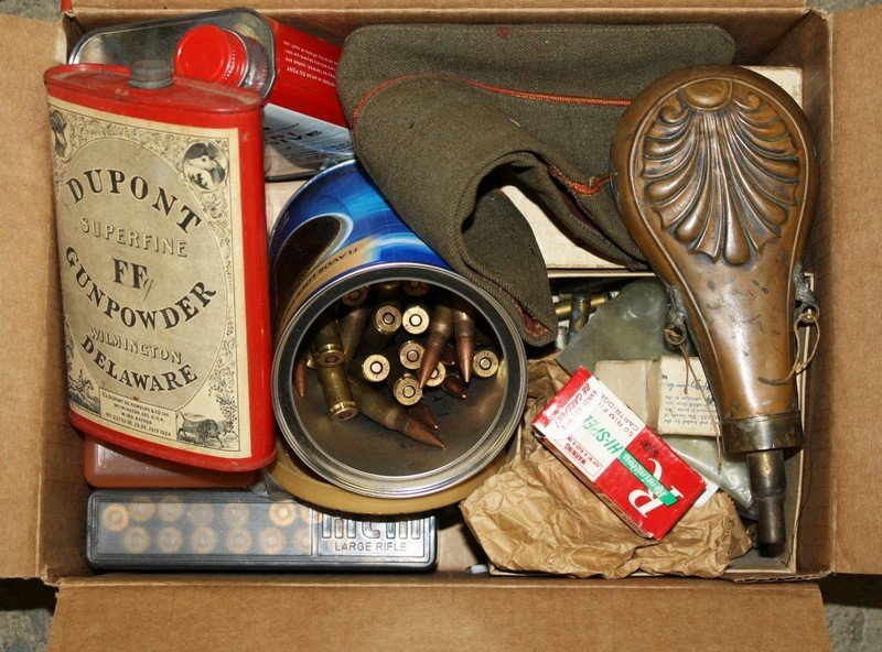 powder tins & flask, mixed rifle & pistol ammo- loose,: powder tins & flask, mixed rifle & pistol ammo- loose, not counted