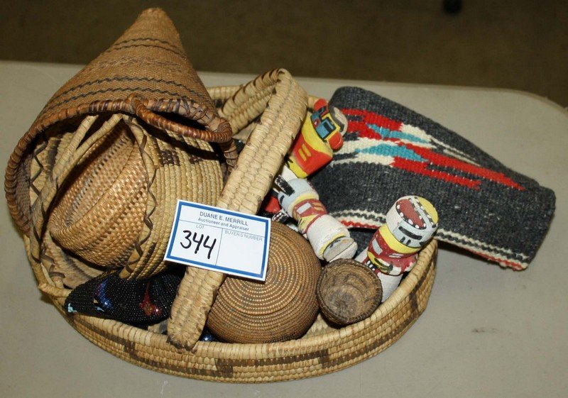 Indian baskets, Hopi Kachinas, Yei rug, cone shaped: Indian baskets, Hopi Kachinas, Yei rug, cone shaped basket (dam), small NW Coast covered basket, beadwork, etc