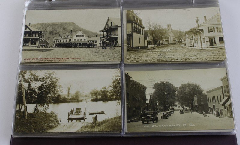 Postcard album of VT RPPCs with photos of Vermont: Postcard album of VT RPPCs with photos of Vermont Sanatorium and Caverly Preventorium in Pittsford, Rutland buildings (including marble shops), sand bar bridge in South Hero, Rockingham Meeting House,