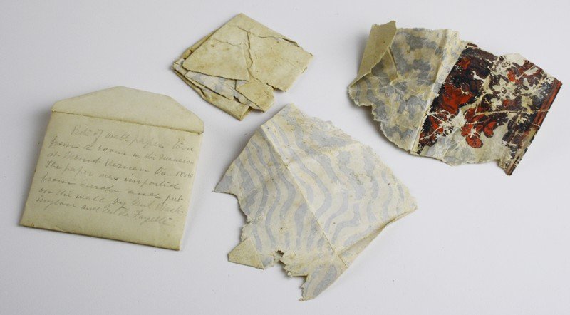 scraps of hand printed wallpaper w/19th c. note "Bits (1 of 6)