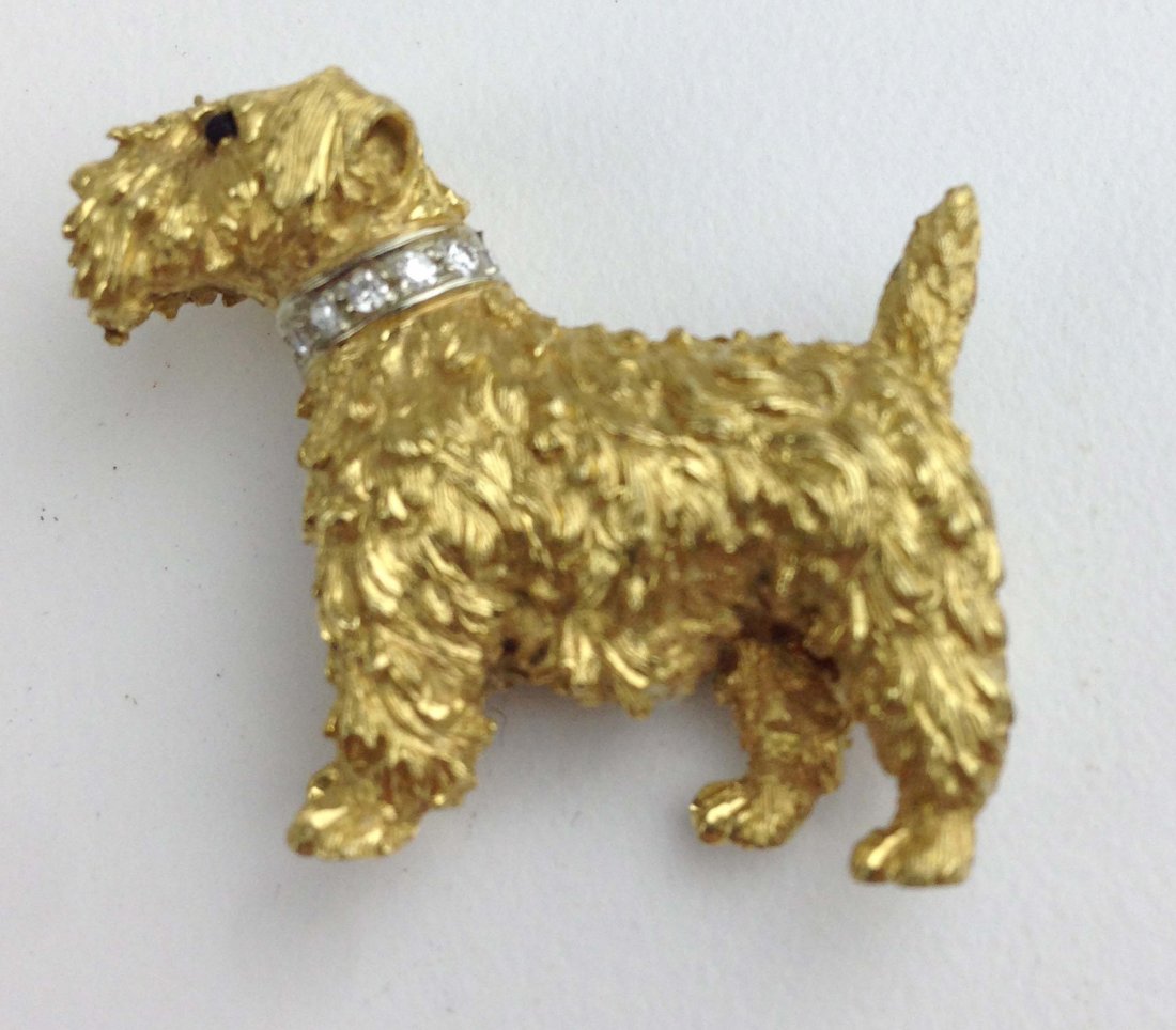 18k y.g. terrier dog brooch pin with diamond stud (1 of 1)