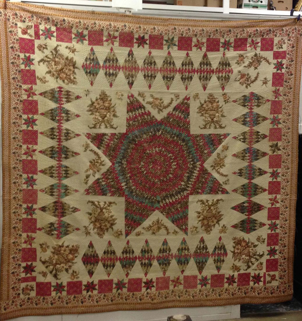 early 19th c star pattern quilt with chintzed sections, (1 of 6)