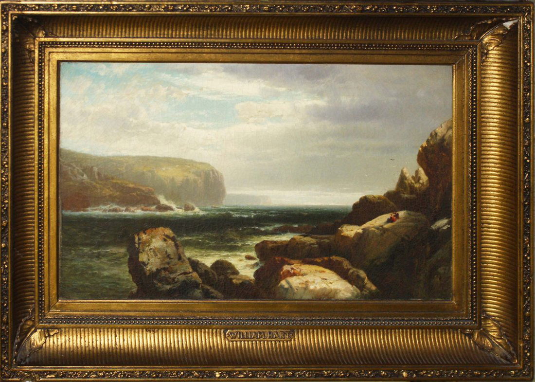 William Hart (American 1823-1894) Sunrise off Grand: William Hart (American 1823-1894) Sunrise off Grand Manan, New Brunswick 1858 - o/c 14 x 24"- relined and old restoration- identified and inscribed on stretcher