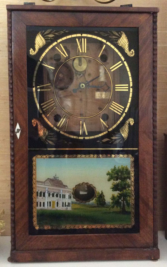 Early outside escapement exposed wooden works mantel (1 of 2)