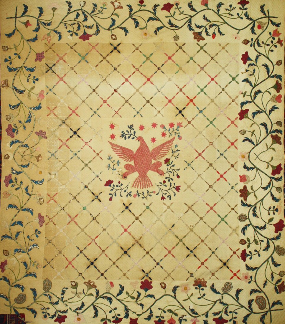 early 19th c applique quilt with center bird motif, (1 of 7)