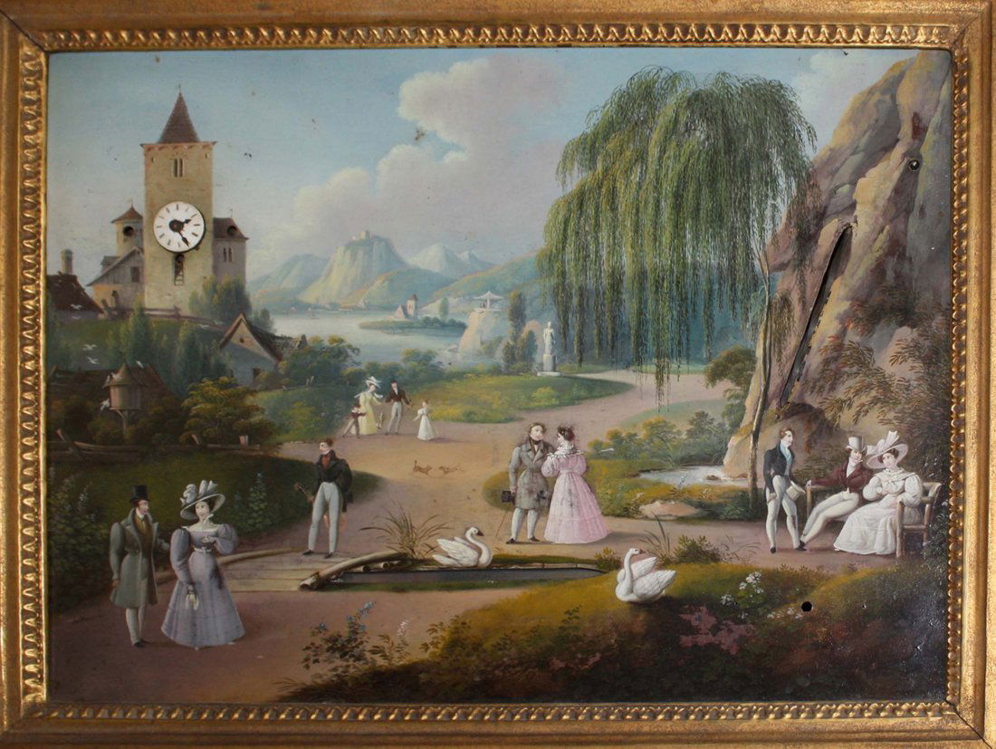 19th c clockwork automaton w/ painted landscape, (1 of 1)