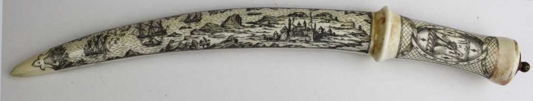 19th c scrimshaw walrus tusk ceremonial mace w/ whaling: 19th c scrimshaw walrus tusk ceremonial mace w/ whaling ships, battle scene, Wm & coat of arms, signed in script Bryars (?), length 17”