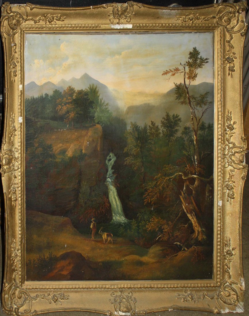 Hudson River School landscape- Landscape with: Hudson River School landscape- Landscape with waterfall, goat - R L &G Drake Artist Depot Troy NY canvas 30 x 26" overall surface