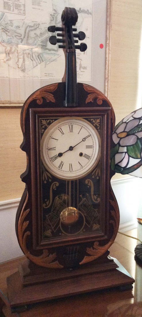 Large Victorian walnut violin clock, may be a replica. (1 of 1)