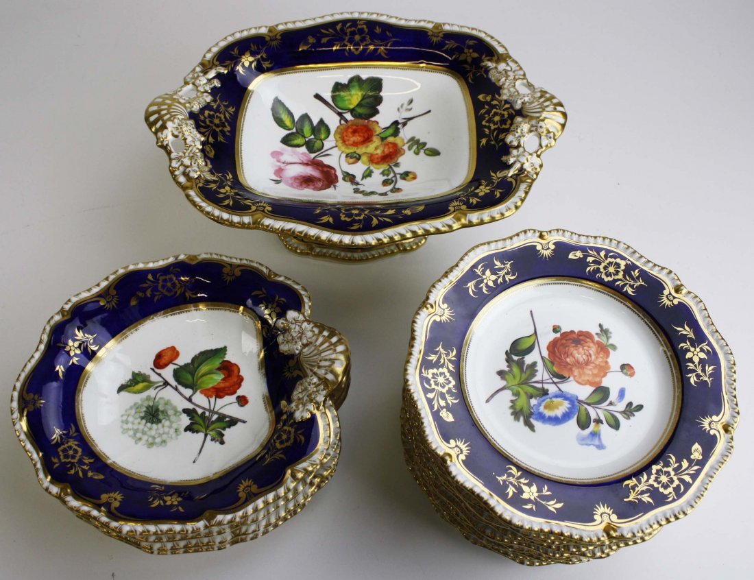19th c. Floral, cobalt, and gilt dec porcelain dessert (1 of 3)