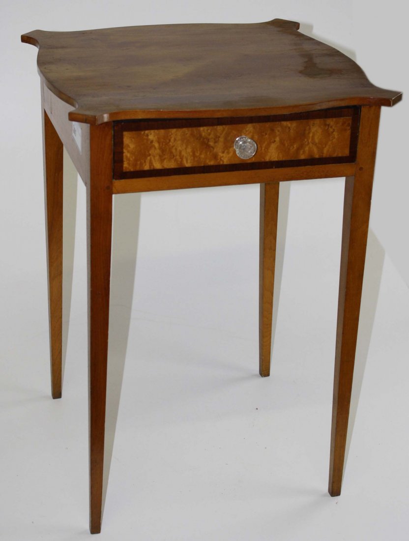 Vermont Hepplewhite delicate shaped top birdseye, maple: Vermont Hepplewhite delicate shaped top birdseye, maple and birch 1 drawer stand.