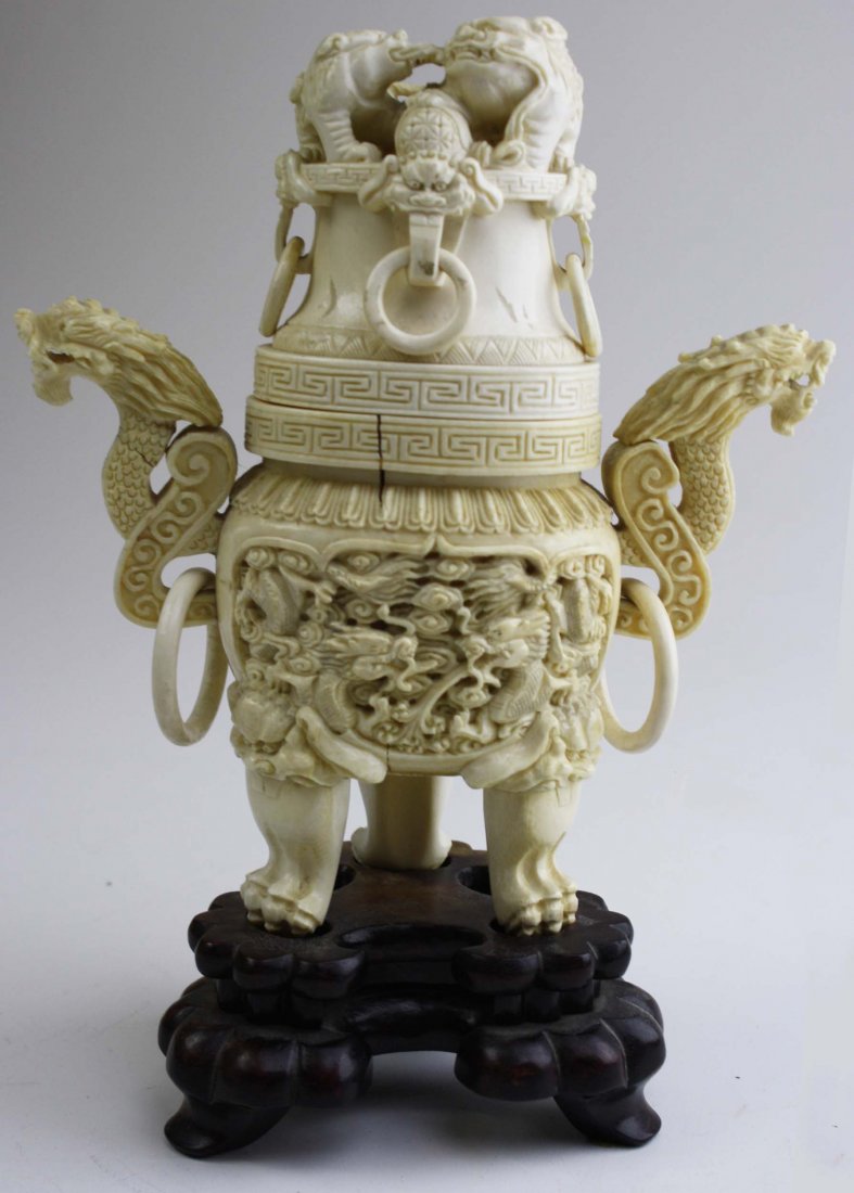 Chinese ivory carved covered jar with foo dogs, (1 of 3)