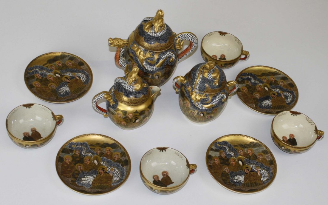 Satsuma 11 pc dragon handle tea set with face portrait (1 of 1)