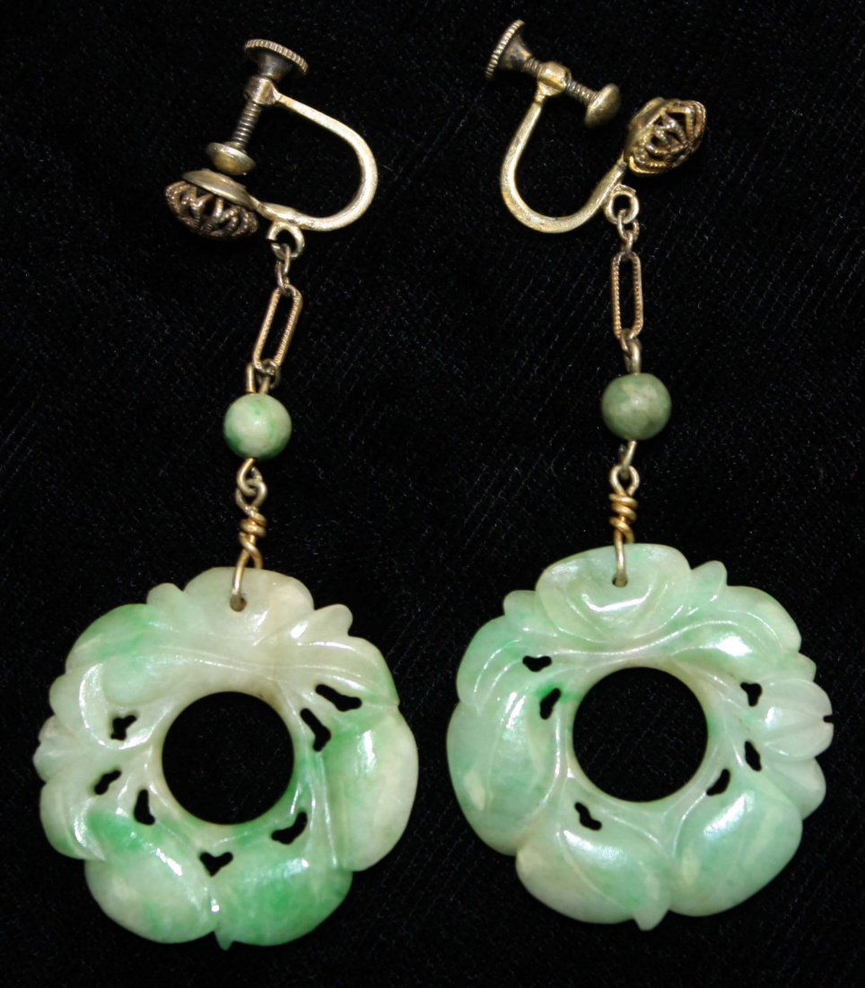 Pair carved jade circa 1920 oreo screw back earrings. (1 of 2)