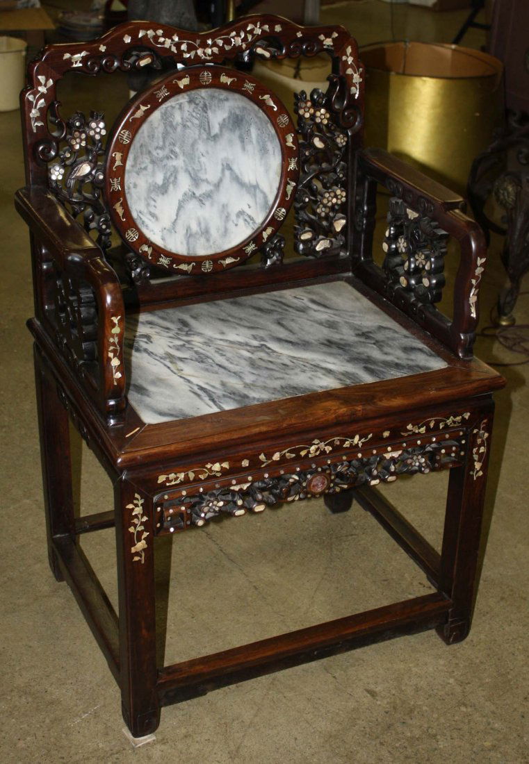 Chinese armchair w/ stone back & seat, mother of pearl (1 of 1)
