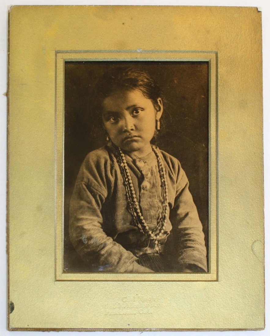 4"x6" gold orotone Carl Moon (Karl Moon 1879-1948): 4"x6" gold orotone Carl Moon (Karl Moon 1879-1948) photo of young (Nah-Dez-Pah) Navajo girl. Stamped CM on plate. Embossed label in gold mat "Carl Moon 65 N. Mentor Ave. Pasadena Cal." Overall size 8"