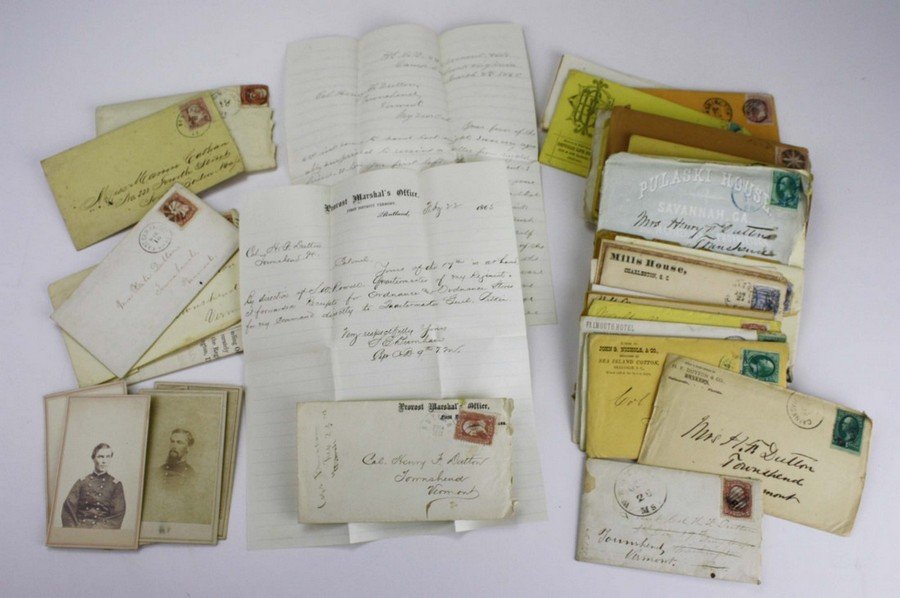Lot of Civil War ephemera - from Col. Henry F. Dutton: Lot of Civil War ephemera - from Col. Henry F. Dutton 8th Vermont Vols. Including 2 Civil War letter Camp Babcock Virginia, several other C.W. era letters & post C.W. letters concerning banking and co