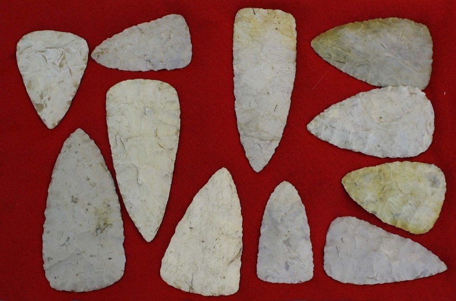 Adena bifaces, Flint Ridge, Morgan County, Ohio (ex: Adena bifaces, Flint Ridge, Morgan County, Ohio (ex Mitchell collection), 11 pcs, 2.5”- 4”