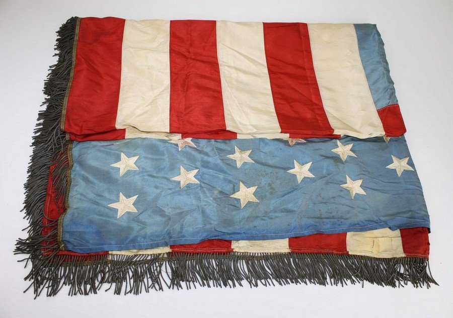 45 star ca 1896-1908 silk United States flag with 3: 45 star ca 1896-1908 silk United States flag with 3 side gilt tassel fringe. 63"x50".
