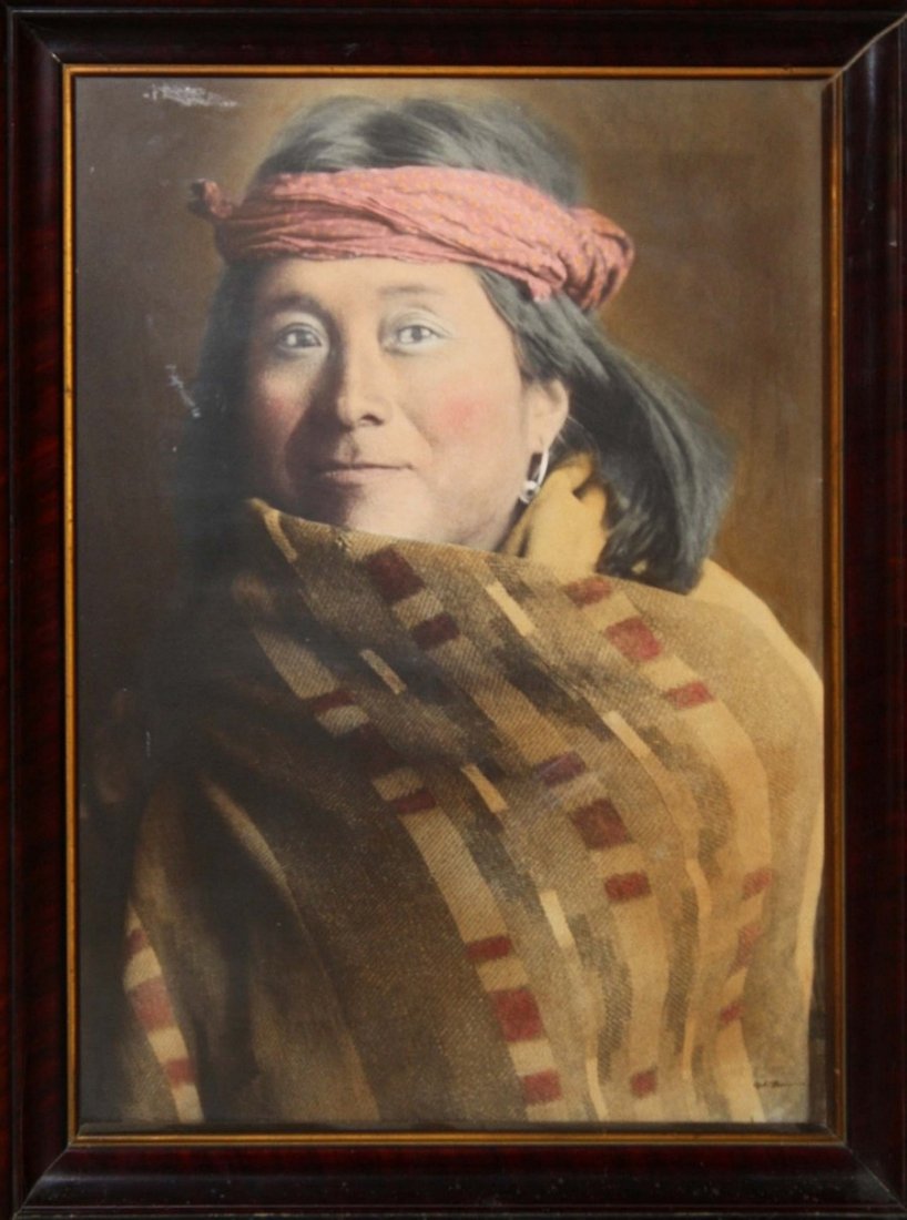 17"x23" hand colored photo by Carl Moon (Karl Moon: 17"x23" hand colored photo by Carl Moon (Karl Moon 1879-1948) signed in lower right. Paper on back. " Juan Fecheco San Filiti Fred Harvey & Co."