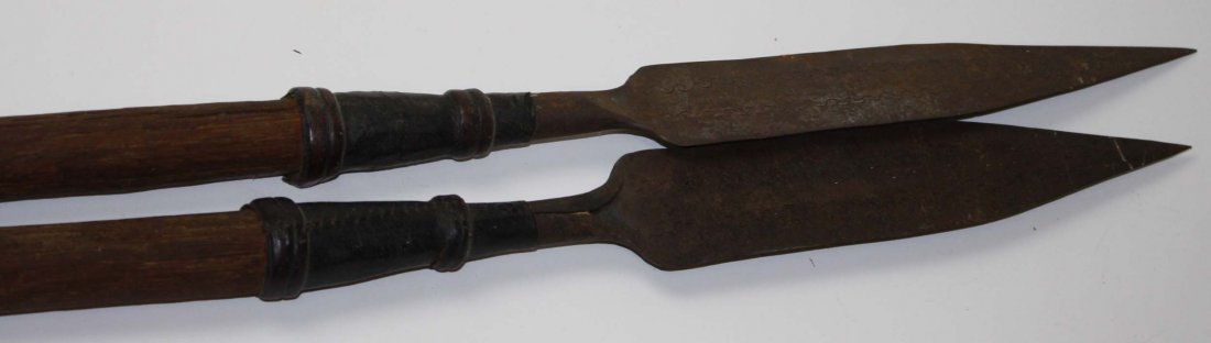 Pr of old native spears, wood and metal.: Pr of old native spears, wood and metal.