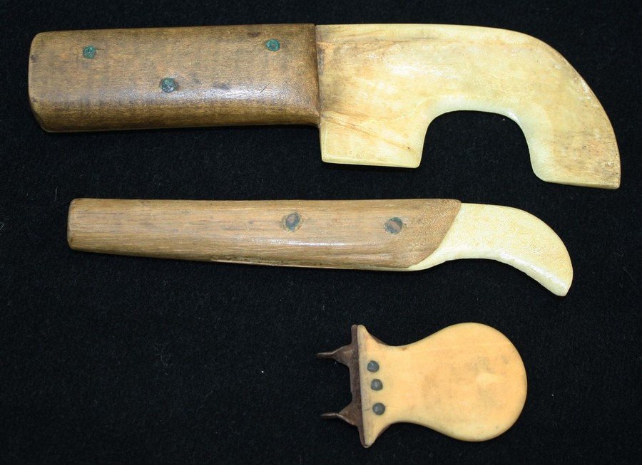3 Inuit bone, wood, copper, & steel tools, lengths 2” -: 3 Inuit bone, wood, copper, & steel tools, lengths 2” - 6.5”